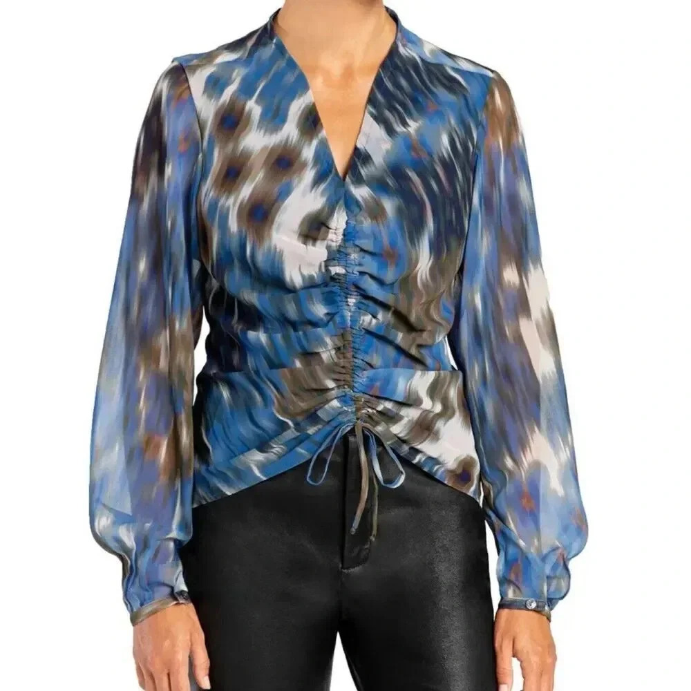 Santorelli Vida Ruched Drawstring Front Blouse size 38 XS